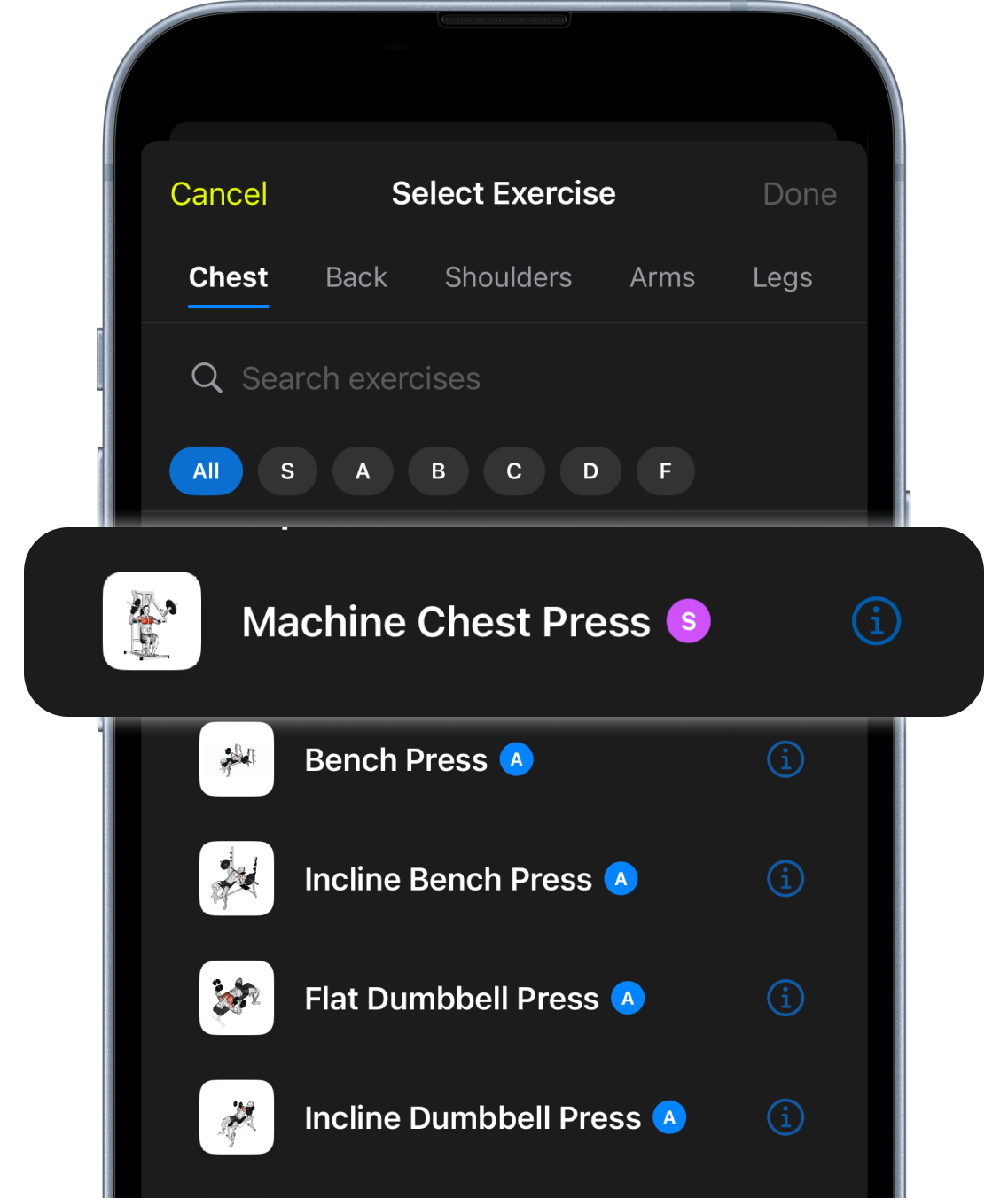 Exercise tier rating system showing effectiveness scores, progression recommendations, and optimal exercise selection for maximum gains