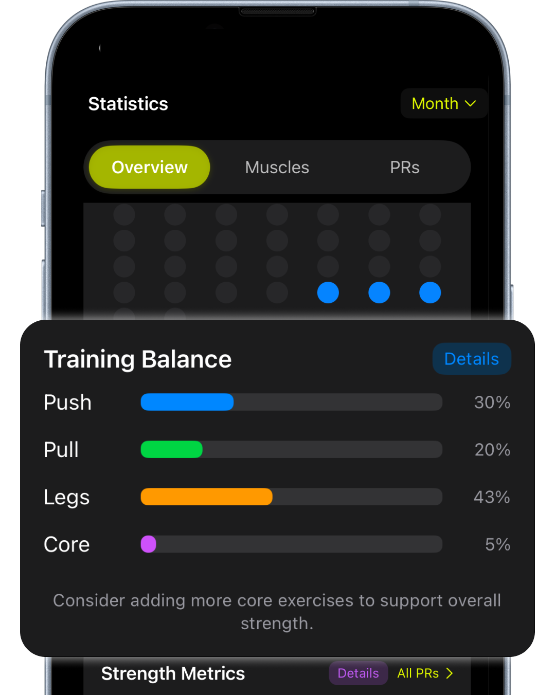 Visual analytics showing muscle group development, workout frequency graphs, and personalized fitness milestones achieved